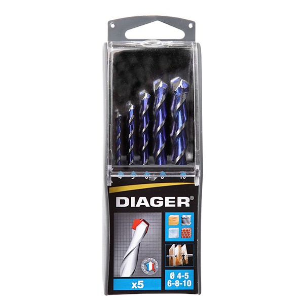 Bộ mũi khoan đa vật liệu DIAGER 215B, 5 mũi, Ø4-10mm, chuôi hình trụ