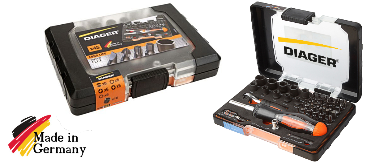 Diager U644C 45 piece screwdriver bit set with sockets ratchet and plastic case