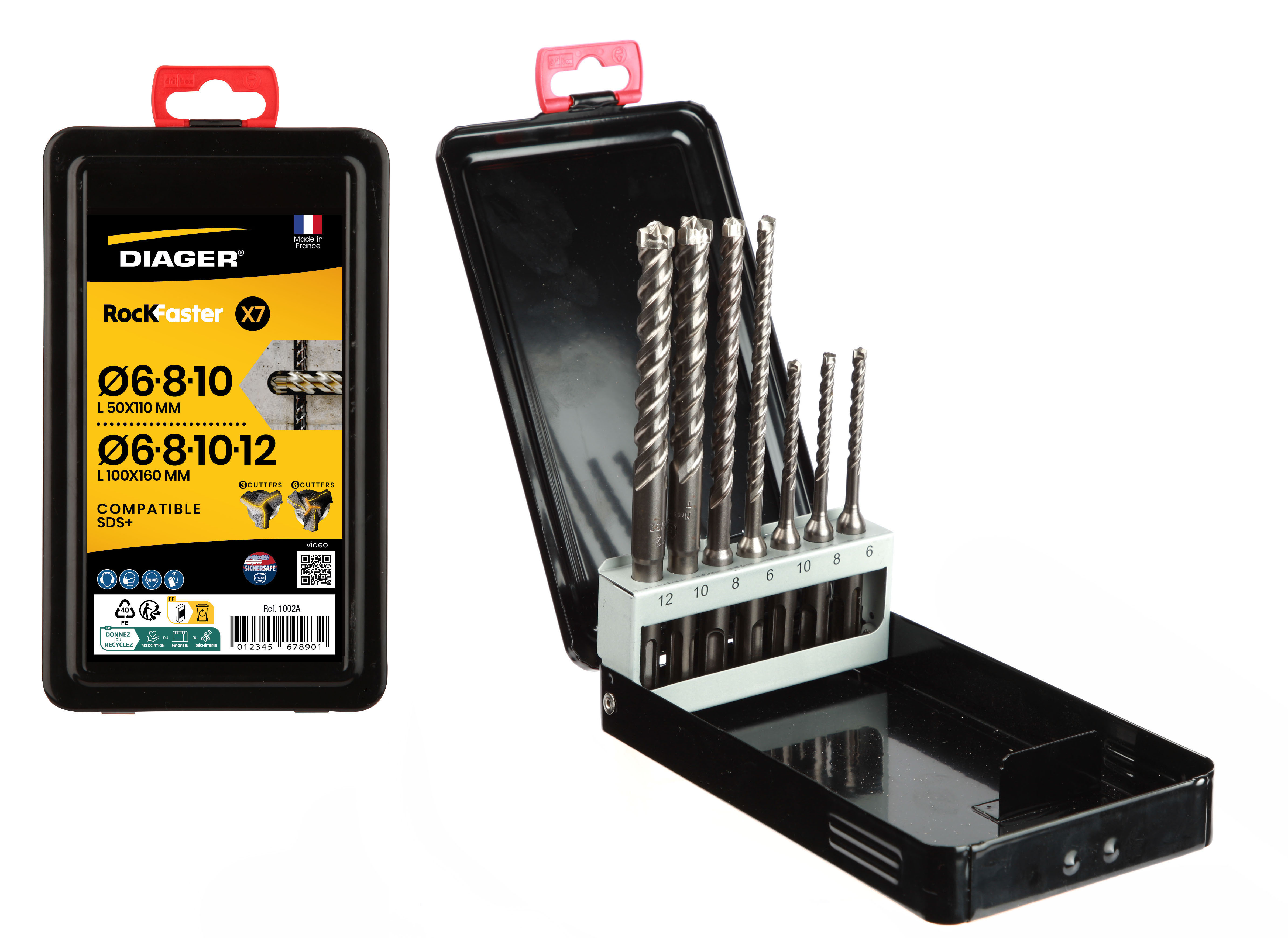 Bộ 7 mũi khoan bê tông ROCKFASTER DIAGER 1002A, mũi khoan búa, chuôi SDS-plus